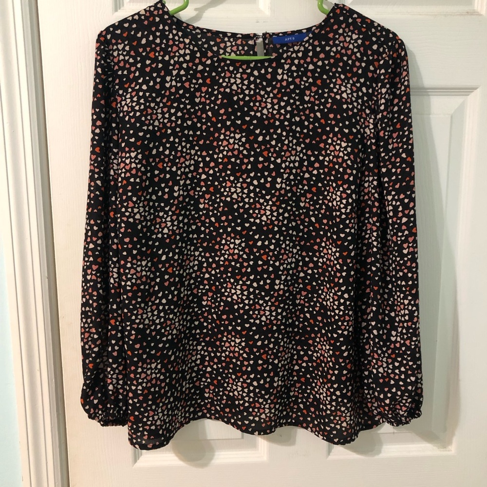 Apt. 9 Black Blouse with Red and White Heart Pattern